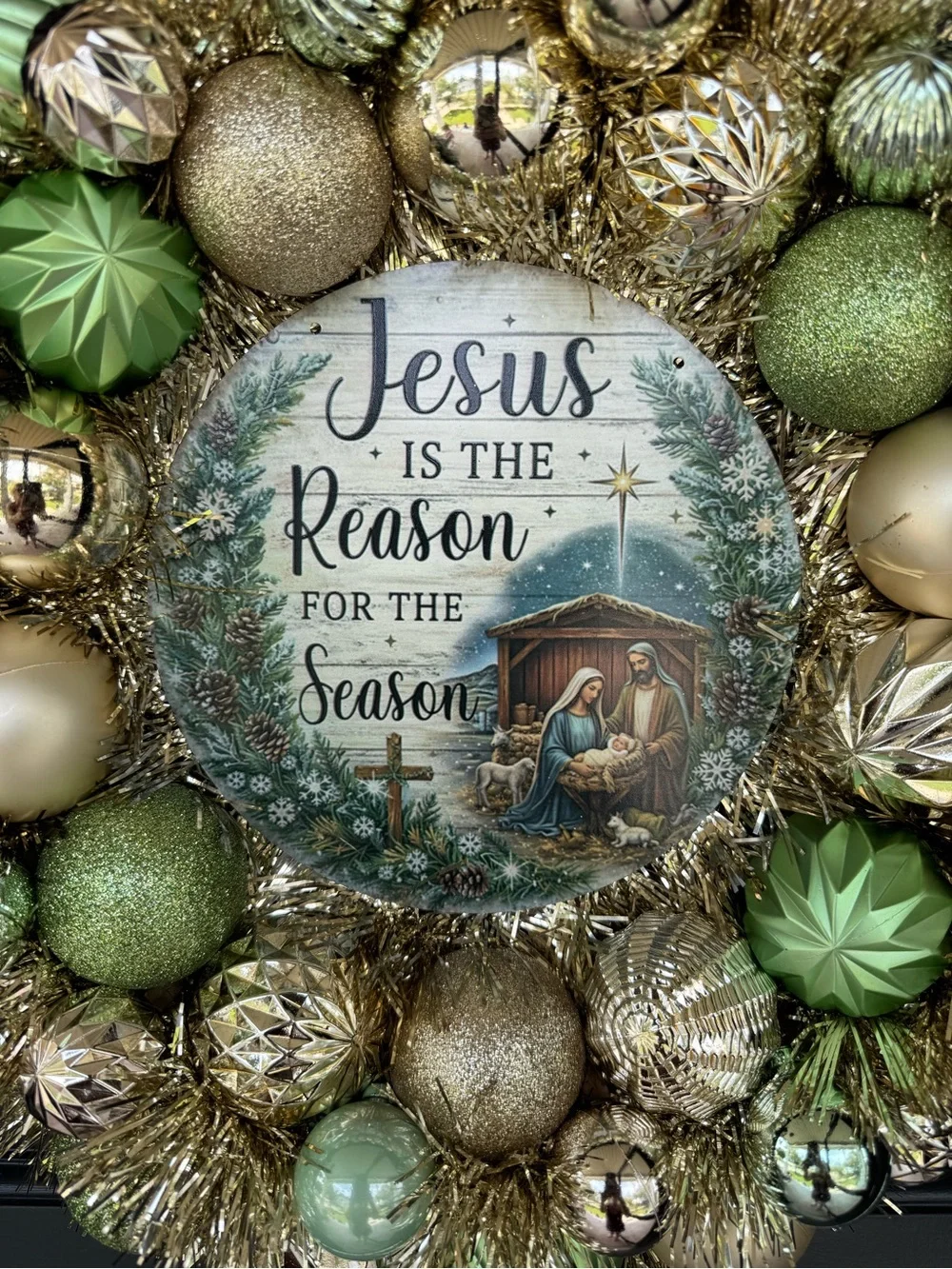 Green and Gold Christmas Wreath with Nativity Centerpiece